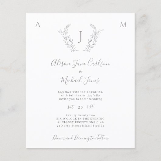 Begrotingsmonogram elegant vertrekt trouwuitnodigi (Voorkant)