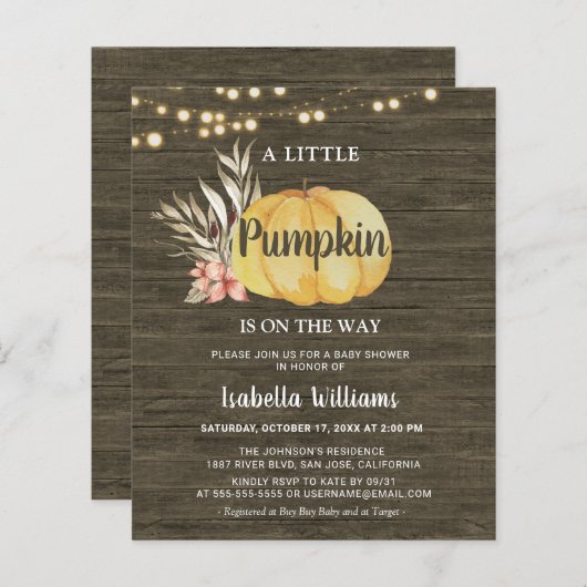 Begrotingsnajaar Rustic Wood Pumpkin Baby shower (Voorkant / Achterkant)