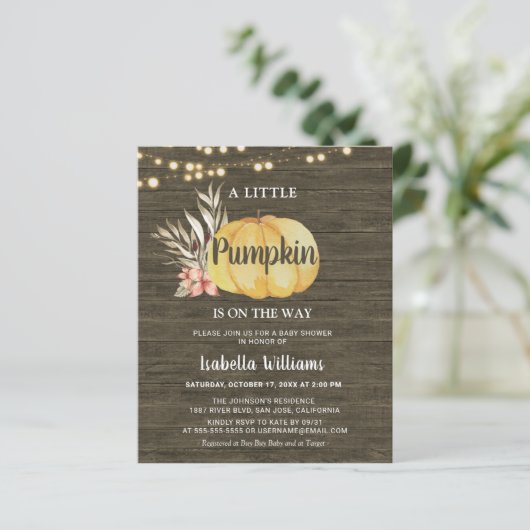 Begrotingsnajaar Rustic Wood Pumpkin Baby shower (Staand voorkant)