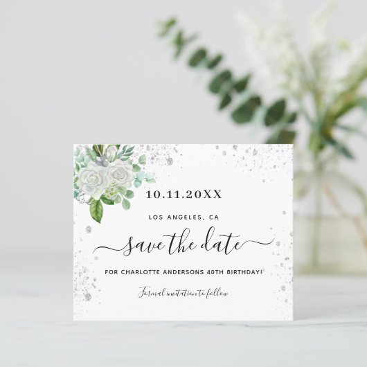 Begrotingsplechtigheid floral white save the date (Staand voorkant)