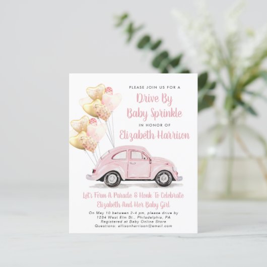 Begrotingsroze auto met uitnodiging voor Baby (Staand voorkant)