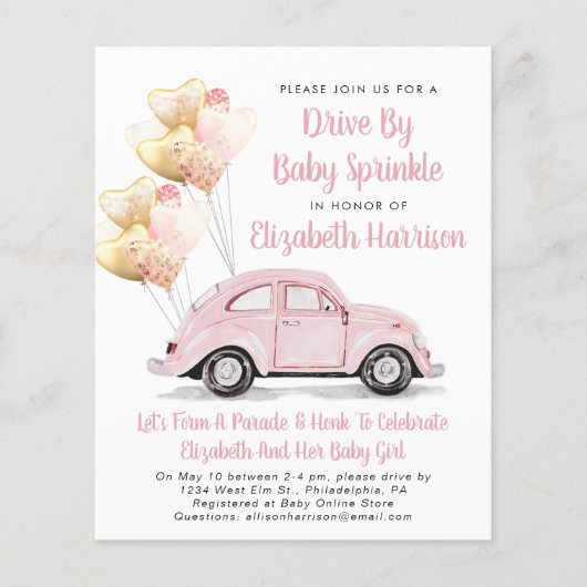 Begrotingsroze auto met uitnodiging voor Baby (Voorkant)