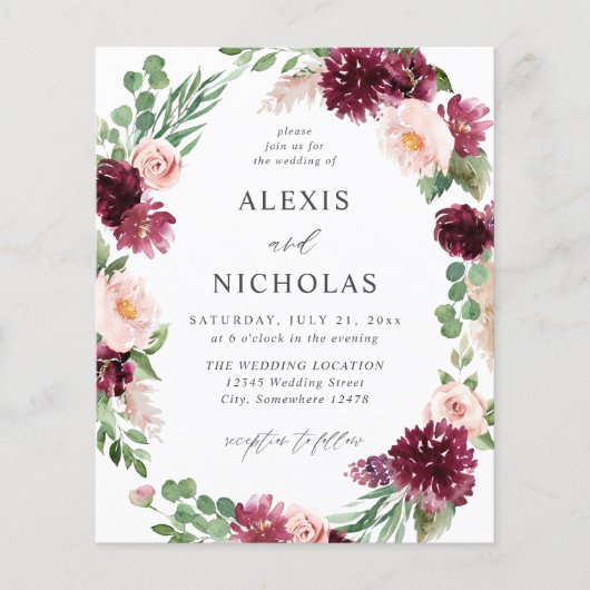 Begrotingsroze en Bourgogne Floral 7 bruiloft Flyer (Voorkant)