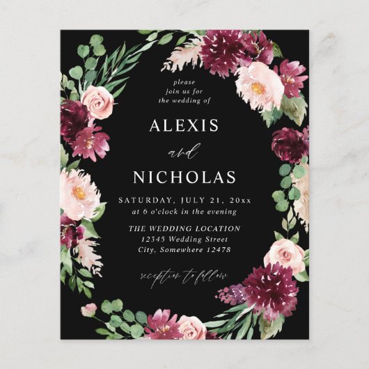 Begrotingsroze en Bourgogne Floral 7 bruiloft - zw Flyer (Voorkant)