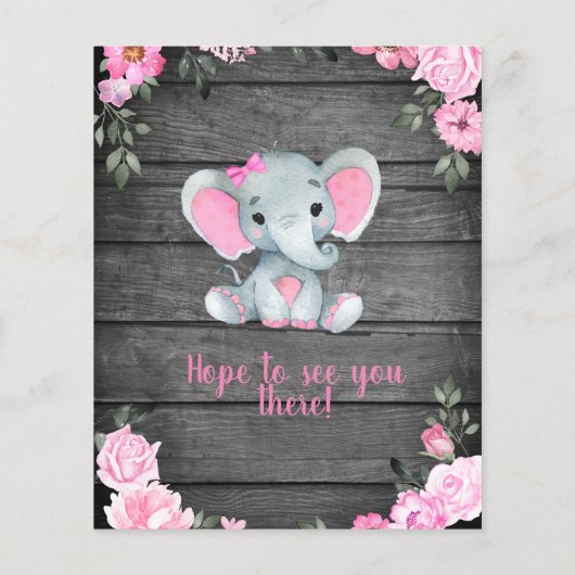 Begrotingsroze olifant Rustic Floral Baby shower Flyer (Achterkant)