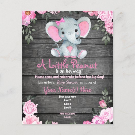 Begrotingsroze olifant Rustic Floral Baby shower Flyer (Voorkant)