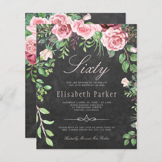 Begrotingsroze rozen uitnodiging voor 60e verjaard (Voorkant / Achterkant)