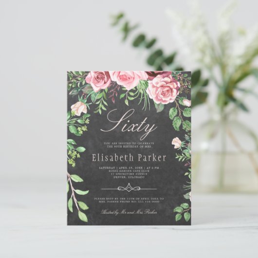 Begrotingsroze rozen uitnodiging voor 60e verjaard (Staand voorkant)