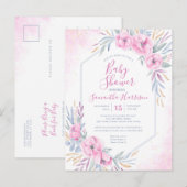 Begrotingsroze Waterverf Floral Elegant Baby showe Uitnodiging Briefkaart (Voorkant / Achterkant)