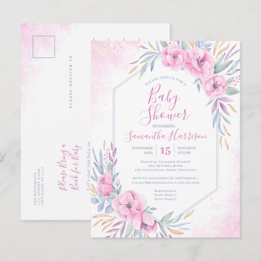 Begrotingsroze Waterverf Floral Elegant Baby showe Uitnodiging Briefkaart (Voorkant / Achterkant)