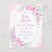 Begrotingsroze Waterverf Floral Elegant Baby showe Uitnodiging Briefkaart (Voorkant)