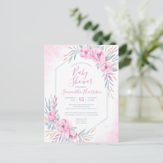 Begrotingsroze Waterverf Floral Elegant Baby showe Uitnodiging Briefkaart (Staand voorkant)
