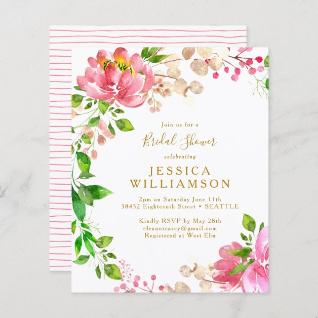 Begrotingsroze Waterverf Floral Vrijgezellenfeest  (Voorkant / Achterkant)