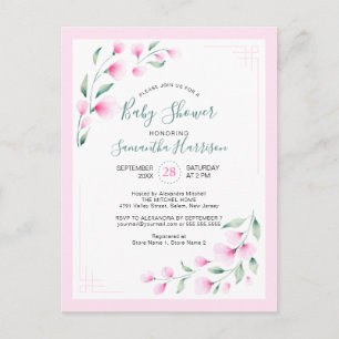 Begrotingsroze Waterverf Florence Baby shower Uitnodiging Briefkaart