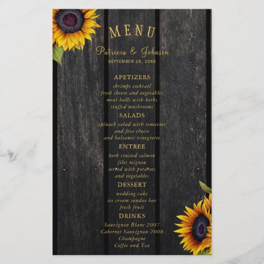 Begrotingsrustige zonnebloemen, chic bruiloft menu (Voorkant)