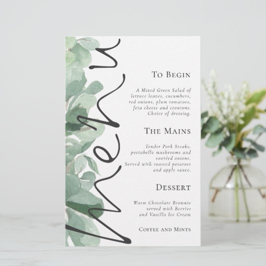 Begrotingsscript Eucalyptus Leaves Weduwmenu (Staand voorkant)