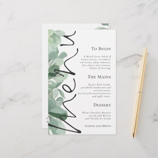 Begrotingsscript Eucalyptus Leaves Weduwmenu (Voorkant / Achterkant in situ)