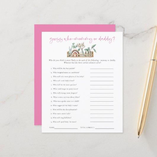 Begrotingsspel Raad wie pap Baby shower roze mam (Voorkant / Achterkant in situ)