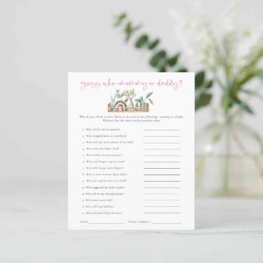 Begrotingsspel Raad wie pap Baby shower roze mam (Staand voorkant)