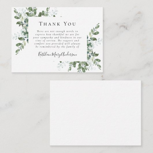 Begrotingssympathie Eucalyptus Funeral Dank u wel Notitiekaartje (Voorkant / Achterkant)