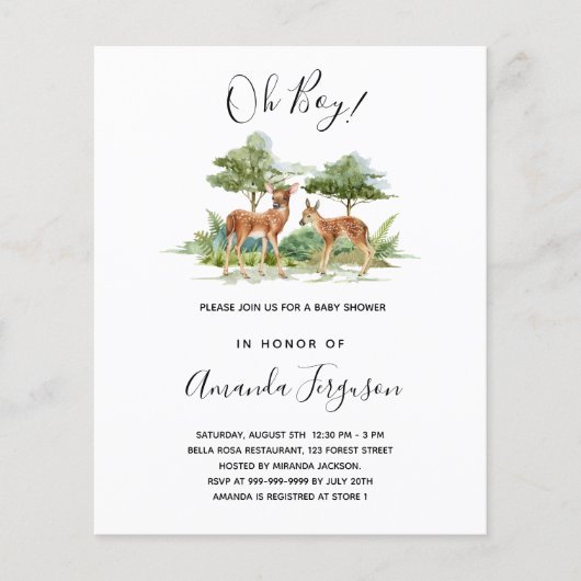 Begrotingsuitnodiging voor Baby shower bosbos (Voorkant)