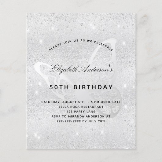 Begrotingsuitnodiging voor Birthday Silver Butterf Flyer (Voorkant)