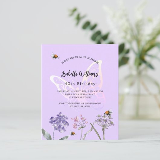 Begrotingsuitnodiging voor de jaardag vlinderbloem (Staand voorkant)