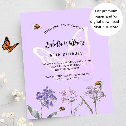 Begrotingsuitnodiging voor de jaardag vlinderbloem flyer