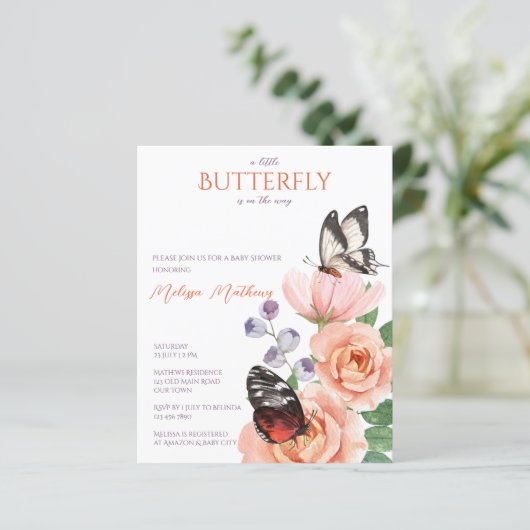 Begrotingsuitnodiging voor Floral vlinder baby sho (Staand voorkant)