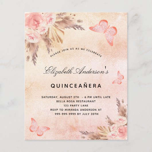 Begrotingsuitnodiging voor Quinceanera pampas butt Flyer (Voorkant)