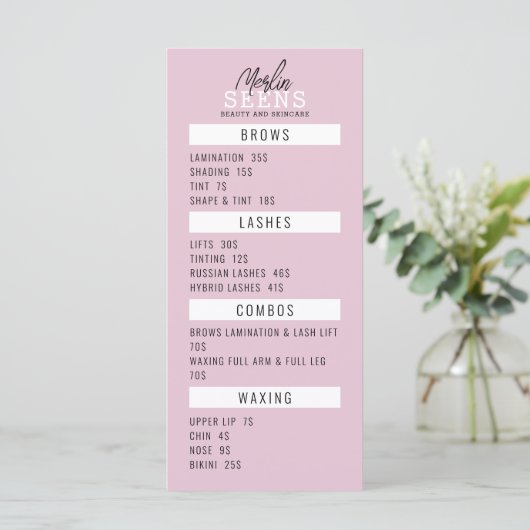 Behandelingenmenu ontwerp roze schoonheidssalon menu (Staand voorkant)