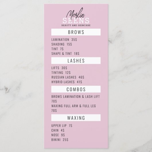 Behandelingenmenu ontwerp roze schoonheidssalon menu (Voorkant)