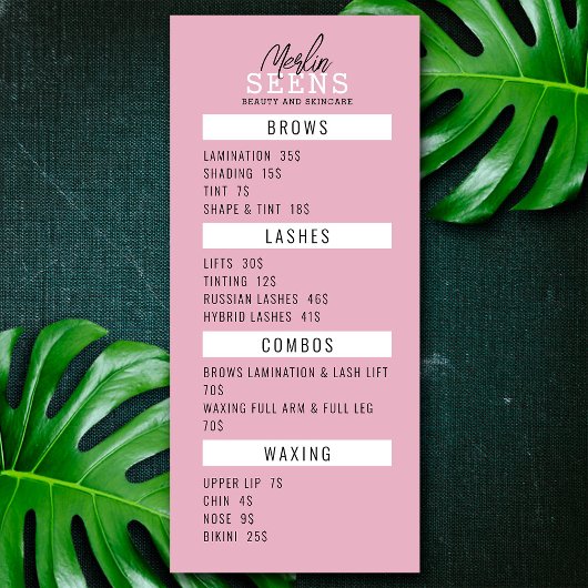 Behandelingenmenu ontwerp roze schoonheidssalon menu