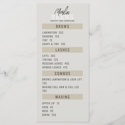 Behandelingenmenu ontwerp schoonheidssalon menu (Voorkant)