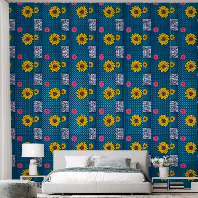 Behang Bloemen Bloemen Geel Blauw (Slaapkamer)