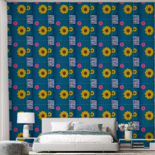Behang Bloemen Geel Blauw