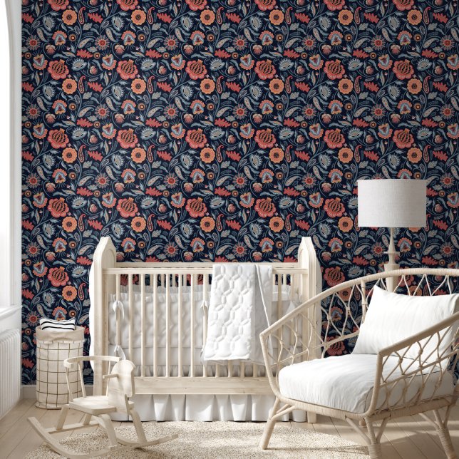 Behang - Boho bloemendesign blauwe achtergrond (Kinderen)