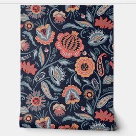 Behang - Boho Floral Design blauwe achtergrond