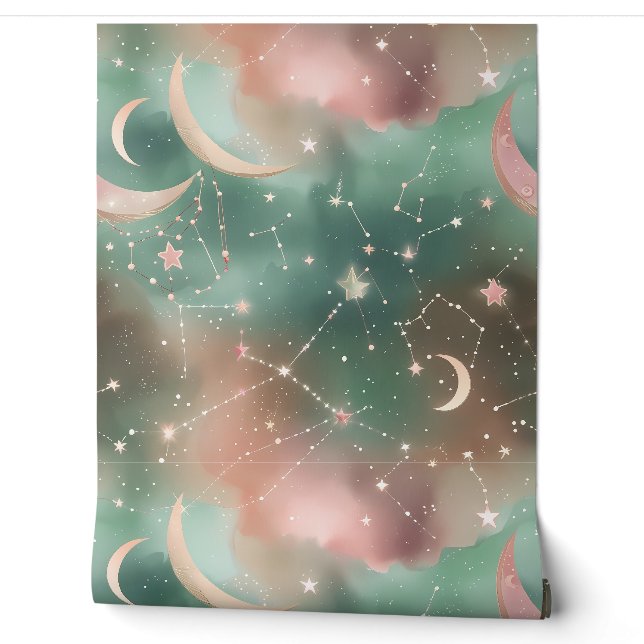 Behang - Luxe Saliegroen Blush Hemelse Maan (Afrollen)