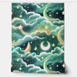 Behang - Mintgroene Hemelse Maan Design