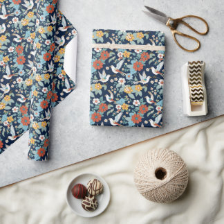 behang Vogels en Bloemen Navy Cadeaupapier