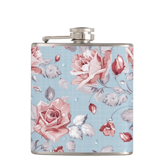 Behangselpatroon van roze rozen 2 heupfles (Voorkant)