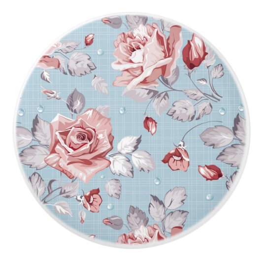 Behangselpatroon van roze rozen 2 keramische knop (Voorkant)