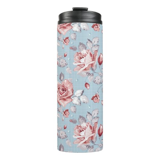 Behangselpatroon van roze rozen 2 thermosbeker (Voorkant)