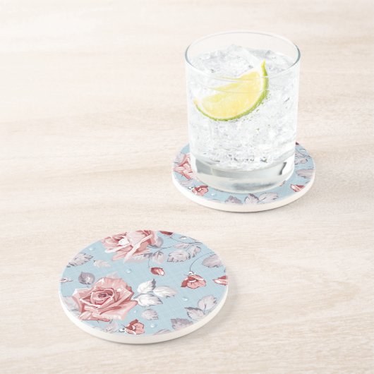 Behangselpatroon van roze rozen 2 zandsteen onderzetter (Zijkant)