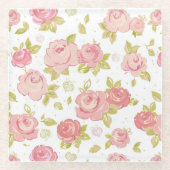 Behangselpatroon van roze rozen 3 glazen onderzetter (Voorkant)
