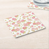Behangselpatroon van roze rozen 3 kartonnen onderzetters (Schuin)