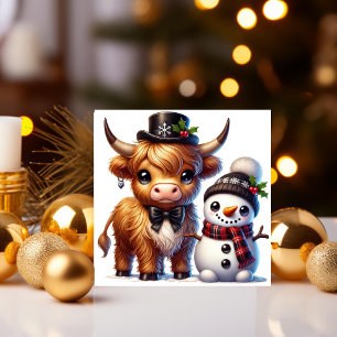 Behende Schotse Hooglandkoe met Sneeuwmannenvriend Feestdagenkaart