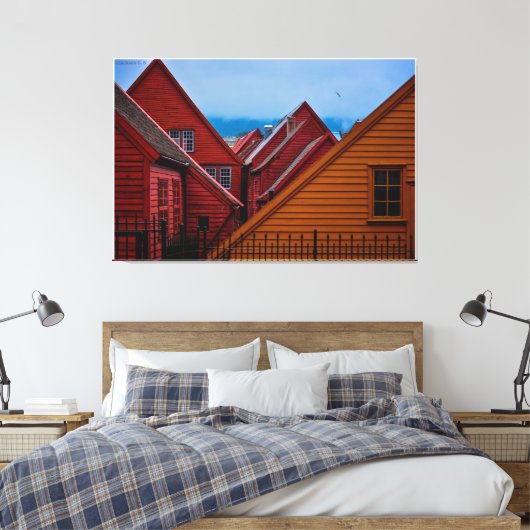 Behind Bryggen in Bergen, Noorwegen Canvas Afdruk (Insitu (Slaapkamer))