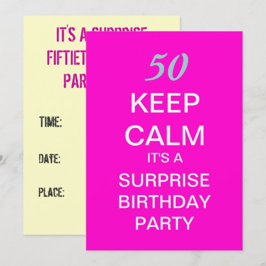 BEHOUD CALM Surprise 50th Birthday Party Invite Kaart (Voorkant / Achterkant)